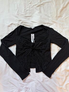 Garage Black Lace-Tie Long Sleeve Top